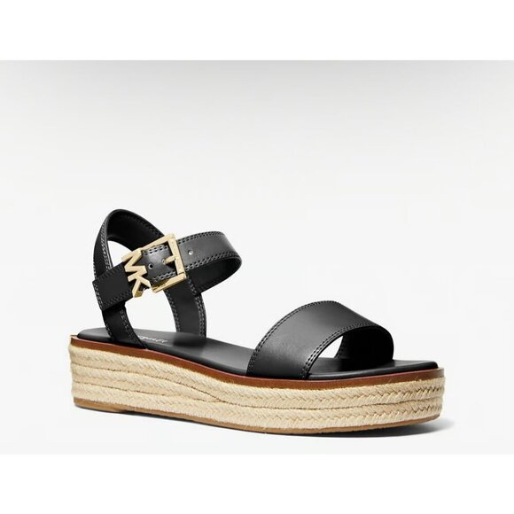 Michael Kors Richie Espadrille Sandals Women 9.5 Black Leather Platform MK Logo - Picture 1 of 4
